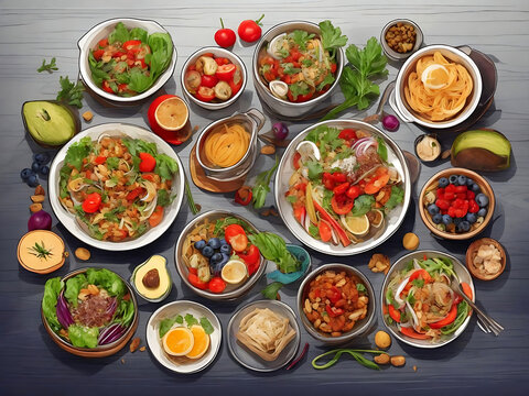 Assortment of healthy food dishes.