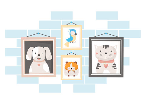 Photo frames with portraits of lovely pets on wall. Frames picture with Cute dog, cat, hamster and parrot macaw. Vector illustration