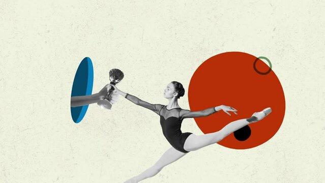 Stop motion. Animation. Artistic ballerina dancing jumping to get cup on background with geometric figures. Concept of classic dance style, art, contemp, beauty, inspiration