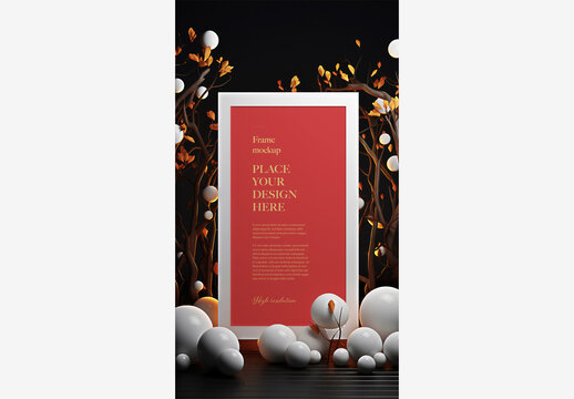 Gold Frame with Mushrooms and Branches on Black Background - Birthday Wedding Celebration Frame Mockup