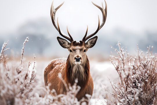 Red dear in the wild in the snow, focused shot, wildlife photography. Generative AI