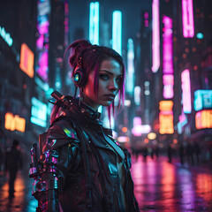 Fototapeta na wymiar Beautiful futuristic city with girl in neon street
