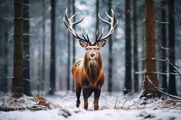 Naklejka na ściany i meble focused shot of a red dear in the wild in snow, wildlife photography. Generative AI