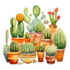 Glasschilderij Cactus in pot watercolor painting of cactus in pots folkloric theme