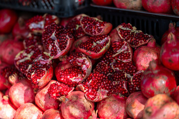 Pomegranate fruit on display at a farmers market in Georgia