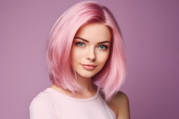 Generative ai picture of beautiful fashion model woman demonstrating perfect haircut pink stylish hair after salon