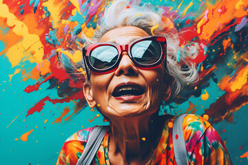Motivation and inspiration background. Senior woman wearing sunglasses on multicoloured abstract background. - obrazy, fototapety, plakaty