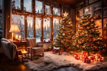 : A cozy living room adorned with twinkling lights, a beautifully decorated Christmas tree, and a crackling fireplace casting a warm glow on the surroundings. Snow gently falls outside the window, cre