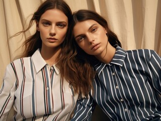 Photo of a supermodel showing off beautiful striped summer clothes. Style, beauty and fashion concept