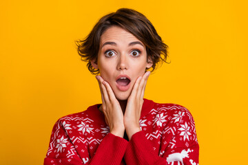 Portrait of astonished woman with stylish hairdo wear sweater hands on cheekbones staring at big...