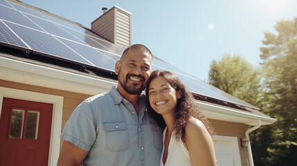 Happy hispanic married couple stands in an embrace in front of their new sustainable house with solar panels on the roof of building.