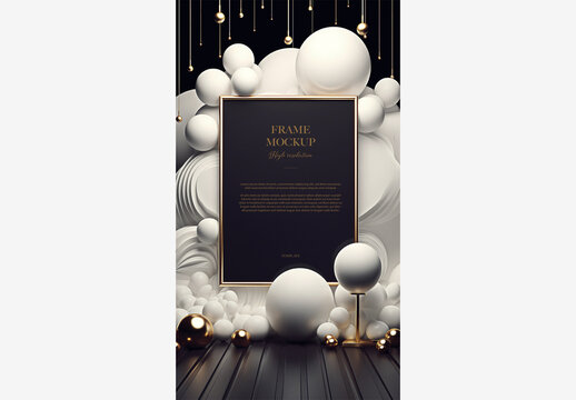 Celebration Birthday Frame Mockup: Black and White Photo Frame with White Clouds, Gold Balls, and a Wooden Floor on a Black Background