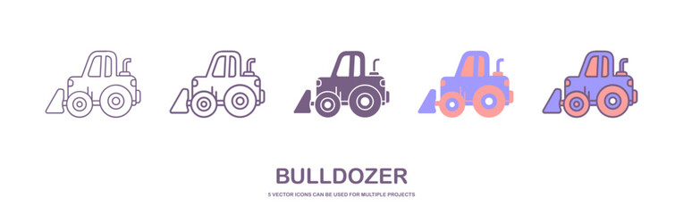 Bulldozer icon. Heavy tracked tractor with blade. Vector simple flat graphic illustration. The isolated object on a white background. Isolated on white background. 5 icons with different styles