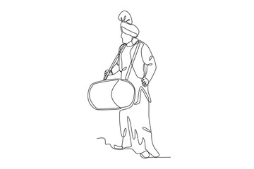 A man carrying a drum. Lohri one-line drawing