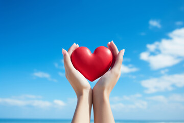 A woman's hand wrapped around a red heart is reaching towards the blue sky. A concept suitable for celebrating happiness and being grateful for happiness, as well as a heart of kindness and warmth.