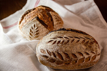 Beautiful patterned sourdough bread. Sourdough bread. Healthy bread. Baking business.