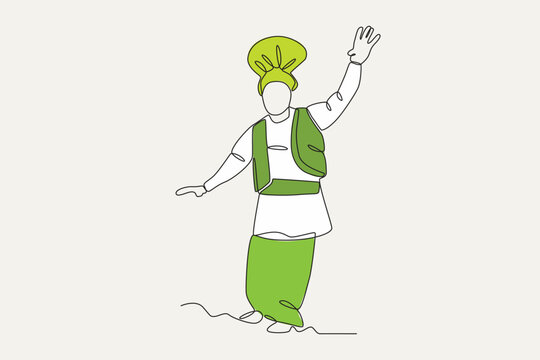 Colored illustration of a man dancing traditionally. Lohri one-line drawing