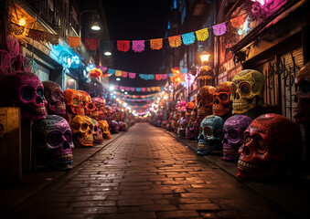 Fototapeta na wymiar Decorations for Day of the Dead in Mexico: Sugar skulls and papel picado banners. AI