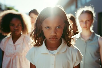 Multiethnic group of schoolchildren with their leader looking at camera with an angry and frustrated expression. Kids are upset and intending to stand up for their rights. Diversity and communication. - obrazy, fototapety, plakaty