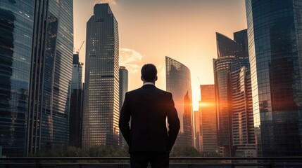 Naklejka na ściany i meble Businessman watching city from top of a building