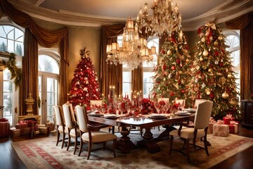 A luxurious formal dining room adorned with opulent holiday decorations. A grand Christmas tree stands in one corner, surrounded by an array of meticulously wrapped gifts and exquisite floral arrangem