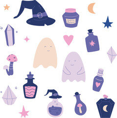 Halloween ghosts and magic potions flat vector stickers set. Cute colorful witch hat, witchcraft crystals, potions bottles, stars cliparts isolated pack