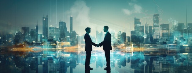 Two businessman shaking hands in front of a window at office.