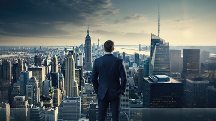 Businessman watching city from top of a building - obrazy, fototapety, plakaty