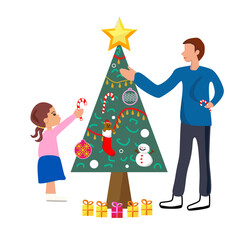 Father and daughter arranging decorations on Christmas tree. vector illustration