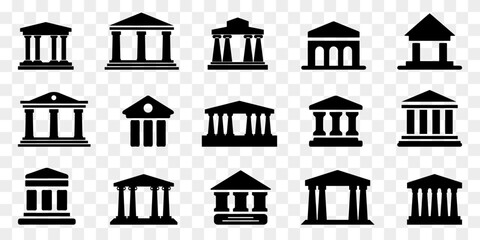 Museum, bank, courthouse, government building icon collection in black. Architecture buildings with column. Museum or bank building icons. Set of architecture signs