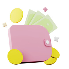 3d illustration of wallet with banknote and coins, Investment and money savings concept