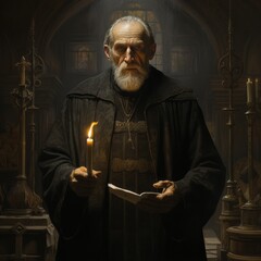 An old priest in the church holds a candle and a book