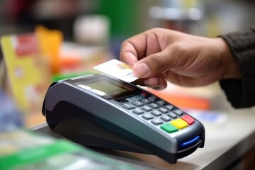 Man applies credit card to portable terminal to make contactless payment for purchase in store with blurred background. Concept of making payments using innovative technologies in shop - obrazy, fototapety, plakaty
