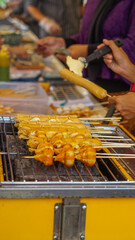 sausages, fish balls, grilled with hot charcoal