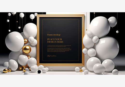 Gold Frame Celebration Mockup: Balloons and Balls Surround Black and White Picture Frame on Black Background for Picture, Text, or Image Celebration