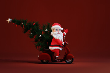 Cartoon Santa Claus with Christmas tree riding  scooter. 3d render