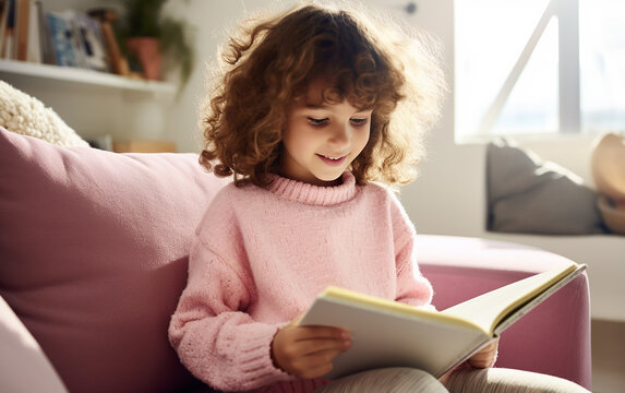 Fair-skinned girl in a warm bright sweater reads a book while sitting on the sofa. Beautiful photo of a teenage female with a book.