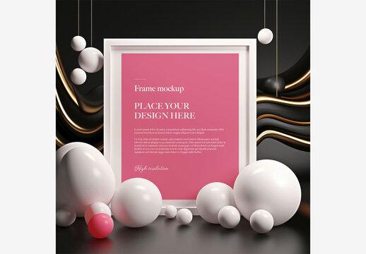 Gold-lined Black Background with White Frame and Pink Ball, adorned with White and Red Balloons - Celebration Birthday Wedding Mockup Frame