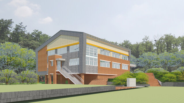 modern building in the park, 3d rendering of a modern sports center, gymnasium