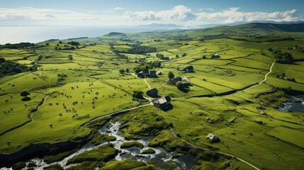 Breathtaking aerial of lush farmlands and cozy homesteads