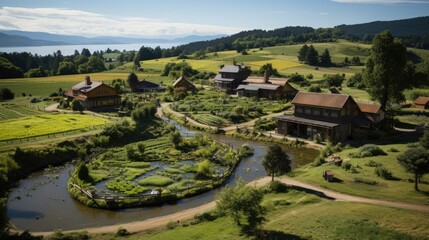 Fototapeta na wymiar Scenic aerial view of a peaceful, green farmland
