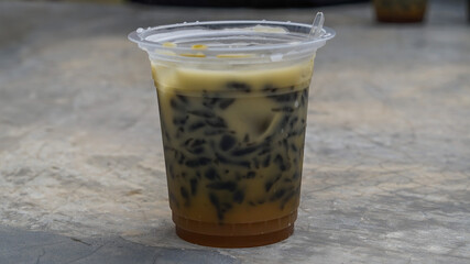 Dawet drink originates from Java in Indonesia, made from glutinous rice flour poured with brown sugar water and coconut milk served with shaved ice.