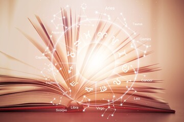 Zodiac circle and open book. Astrological sings