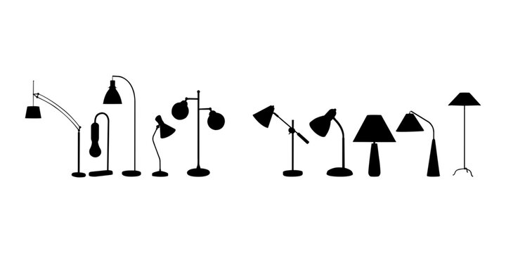 Lamp Black Silhouettes. Modern Light Furniture, Office And Home Decorative Light, Tall Lamps, Desk Lamps And Floor Lamps Silhouette. Set Of Table Lamp, Interior Lamps Silhouette White Background.