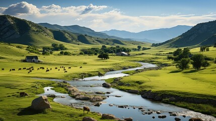 Cattle in vibrant pasture with stream and hills
