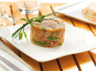 Tacu tacu, rice and refried beans, a typical Peruvian dish