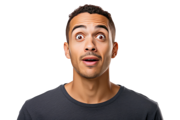 Studio portrait of upper half of a man showing facial expressions isolated on transparent png background. Human emotions, Face expressions.