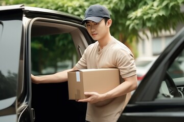 Man with beard holds cardboard box with packaged goods making home delivery. Delivery male person stands near work vehicle with open car trunk performing duties. Adult looks attentively at client