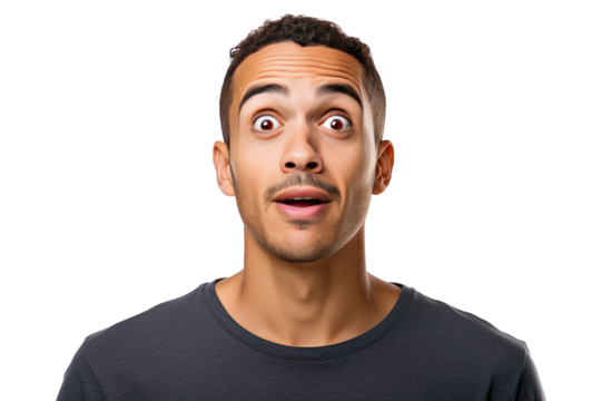 Studio portrait of upper half of a man showing facial expressions isolated on transparent png background. Human emotions, Face expressions. - Powered by Adobe