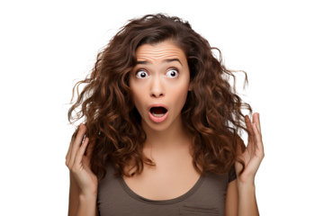 Studio portrait of upper half of a young woman showing facial expressions isolated on transparent png background. Human emotions, Face expressions.